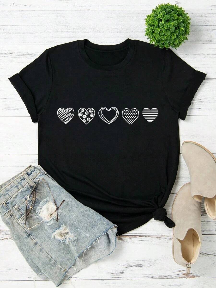 Respirable Parysyn Plus Heart Print Graphic Tee, Women Top, Summer , playeras de mujer algodon, mujer premium - Negro - Ver 1