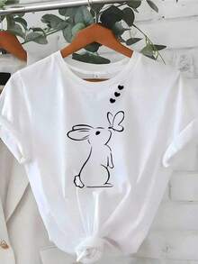 Fashionable Easter Blouse For Ladies | 180G T-Shirt With Kissing Rabbit Butterfly Print, Regular Fit, Comfortable And Stretchy, Soft And Breathable, Casual Summer Wear, Suitable For Daily Travel Or Exercise - 白色的 - 查看 7