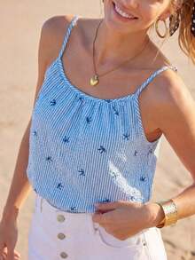 Camiseta de tirantes con pliegues con estampado de cebra para mujer - Azul y blanco - Ver 1