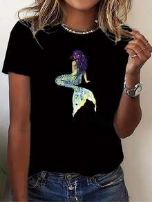 Women's Casual Short Sleeve Sports T-Shirt - Sparkling Mermaid Print, Elastic Crew Neck Design, Machine Washable For All Seasons Comfort, Medium Fit, Fun And Fashionable. - Hitam - View 2