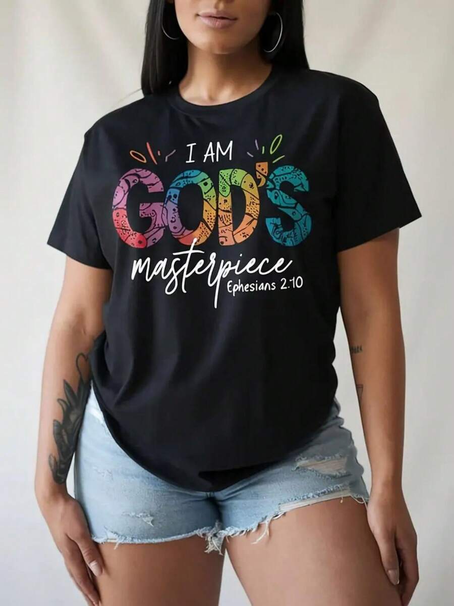 Camiseta para Mujer Inspirada en la Fe Cristiana "Yo soy el Dios del Vacío" con Estampado de Versículo Bíblico - Camiseta Casual de Cuello Redondo, Suave y Transpirable, con Letras Multicolor (Rosa, Verde, Amarillo, Naranja) - Cómoda para Todas las Temporadas, Adecuada para Eventos de Iglesia y Uso Diario - Mateo 28:20 Des - Negro - Ver 1
