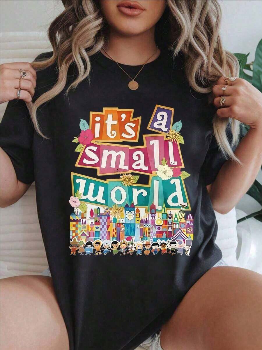 Women's Casual Short-Sleeve T-Shirt - Colorful Castle Design And "It's A Small World" Characters, Round Neck, Summer Top, Machine Washable, Ladies' T-Shirts, Casual Wear, Modern Style, Comfortable Fit
-White Blouses For Women Shirt - 黑色 - 查看 1