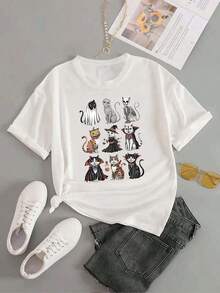 1 Piece Women's Beautiful Blouses For Women Women's Clothing Sets For Women Halloween Cat T-Shirt 180G White And Black With Ghost, Vampire, And Pumpkin Pattern High Quality Round Neck Loose And Breathable Basic Neck Versatile Machine Washable Comfortable Size S~3XL Daily Essential For Sports And Summer. Beautiful Blouses 100% Cotton - 白色的 - 查看 5