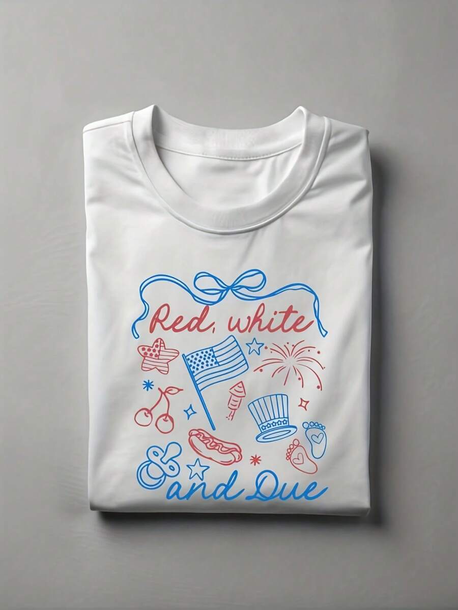 1 Piece Women's Patriotic Maternity T-Shirt - Red And White Design Print For 4th Of July, Pregnancy Announcement T-Shirt, Soft, Breathable, Lightweight, Short Sleeve, Round Neck, Suitable For Independence Day Celebrations, Unisex Casual T-Shirt, Perfect For Expectant Moms And Dads, 180g 100% Cotton. - 白色 - 查看 1