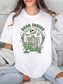 1 Piece Women's St. Patrick's Day T-Shirt With The Phrase "Cold Inside, Luck Overflowing" - Short Sleeve T-Shirt With Skull Print And Funny Irish Proverb, Suitable For Parades And Daily Wear, Soft And Comfortable, 180g 100% Cotton. - 白色 - 查看 1