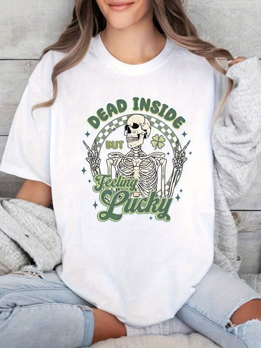 1 Piece Women's St. Patrick's Day T-Shirt With The Phrase "Cold Inside, Luck Overflowing" - Short Sleeve T-Shirt With Skull Print And Funny Irish Proverb, Suitable For Parades And Daily Wear, Soft And Comfortable, 180g 100% Cotton. - 白色 - 查看 1