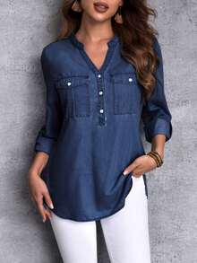 Camisa Vaquera De Manga Larga Con Cuello Con Muescas Para Mujer - Azul 2 - Ver 1