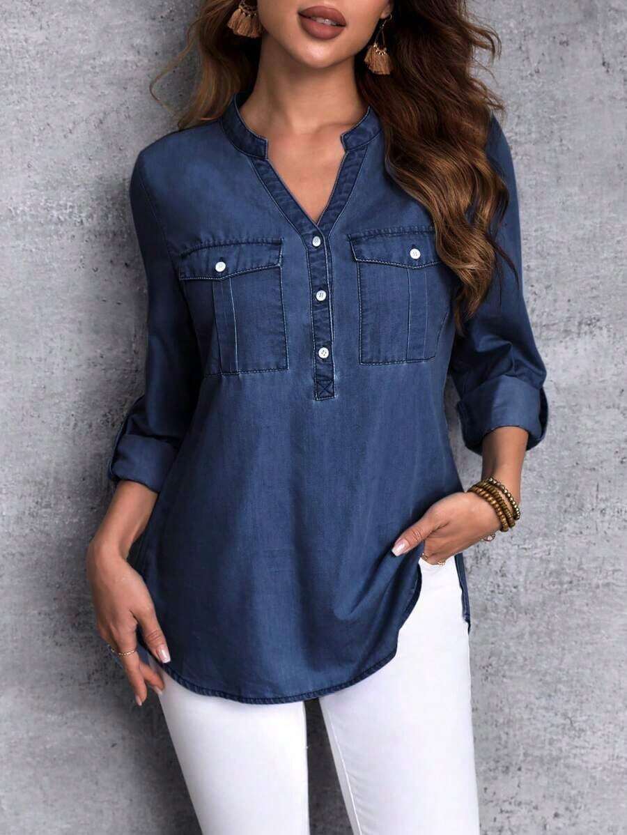 Camisa Vaquera De Manga Larga Con Cuello Con Muescas Para Mujer - Azul 2 - Ver 1