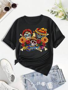 Camiseta de algodón puro con estampado de guitarra, calavera y rosa Y, temática de vacaciones y del Día de Muertos mexicano, de manga corta y cuello redondo, top casual para verano y primavera, ropa de mujer. - Negro - Ver 2