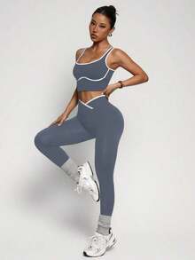 Dewbera Conjunto deportivo de mujer de dos piezas con bloques de color sin costuras, malla de yoga, conjunto de fitness, conjunto de entrenamiento de dos piezas, conjunto activo de dos piezas, conjunto deportivo negro de dos piezas - Gris - Ver 5
