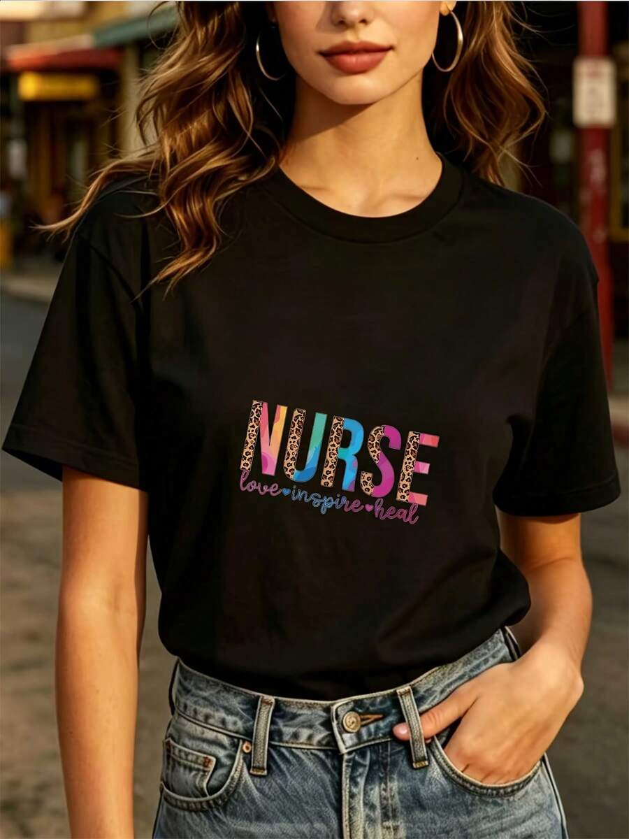 Fashionable T-Shirt For Everyday Wear: Women's 180g Soft Short Sleeve T-Shirt, Inspired By The Love Of Nurses - A Gift For Labor Day, Team Building Activities, And Casual Wear - Comfortable T-Shirt With A Stylish Design - 黑色 - 查看 1