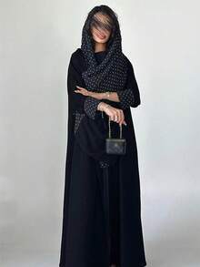 Hafizah 黑色波點拼接長版開襟外套，紅色飾邊點綴，垂墜修身優雅女款長袍，秋季穿搭 - 黑色 - 查看 7