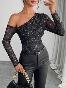 Body de manga larga con hombros transparentes y estampado de leopardo para mujer - Negro 2 - Ver 3