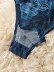 Body de manga larga con hombros transparentes y estampado de leopardo para mujer - Azul marino - Ver 4