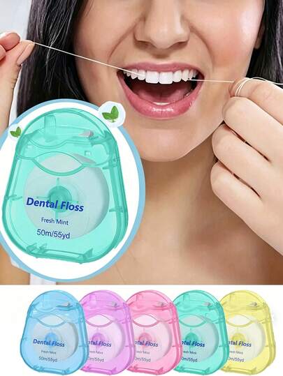 50M Per Roll Mint Flavored Dental Floss, Waxed High Tensile Dental Floss Spool, Portable Travel Oral Care Floss For Teeth Gum Cleaning, Multicolor Reusable Case, Orthodontic Interdental Cleaning Supplies