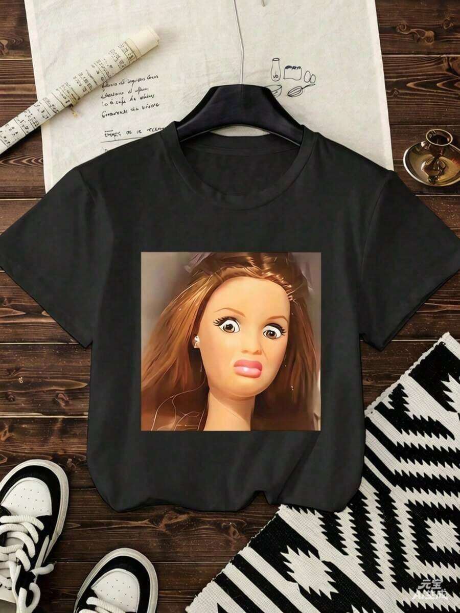 [Entrega Local]Playera Para Mujer Camiseta De Manga Corta Con Estampado Para Mujer, Ropa De Primavera, Atuendo Para Festividades, Negra Para Verano, Look Playero, Estilo Vacacional, Estilo Rural, Atuendo De Oficina Para Mujer. - Negro - Ver 1