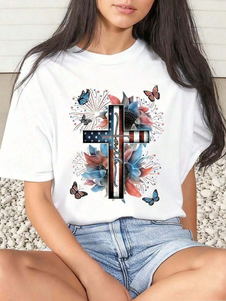 1 Piece Women's T-Shirt With Cross, American Flag And Flower Print, Casual For Everyday Wear, Round Neck, Short Sleeve, Soft And Comfortable, 220g/180g 100% Cotton - 白色 - 查看 1