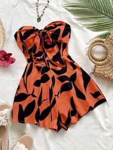 Women's Summer Jumpsuit With A Watercolor Silhouette Print, Suitable For Vacations, Cruises, Carnivals, And Resorts. Features A Front Knot And Open Back, A Loose Fit, And Is Perfect For Parties, Dates, Valentine's Day, And Layering. - 橘色 - 查看 1