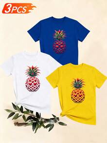 Women's T-Shirts, Women's T-Shirts, Casual One-Piece T-Shirt With Creative Strawberry And Pineapple Design, Comfortable Short-Sleeve Round Neck Top, Versatile For Summer. - 1件黑色隨機圖案 - 查看 6