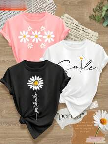 Women's T-Shirts, 1-Piece Matching Sister Clothing Set, Simple Sheer Floral And Vegetable Print, Retro Style, Casual Short-Sleeved Round Neck Sports T-Shirt For Spring, Autumn And Summer. - 1件白色隨機圖案 - 查看 4