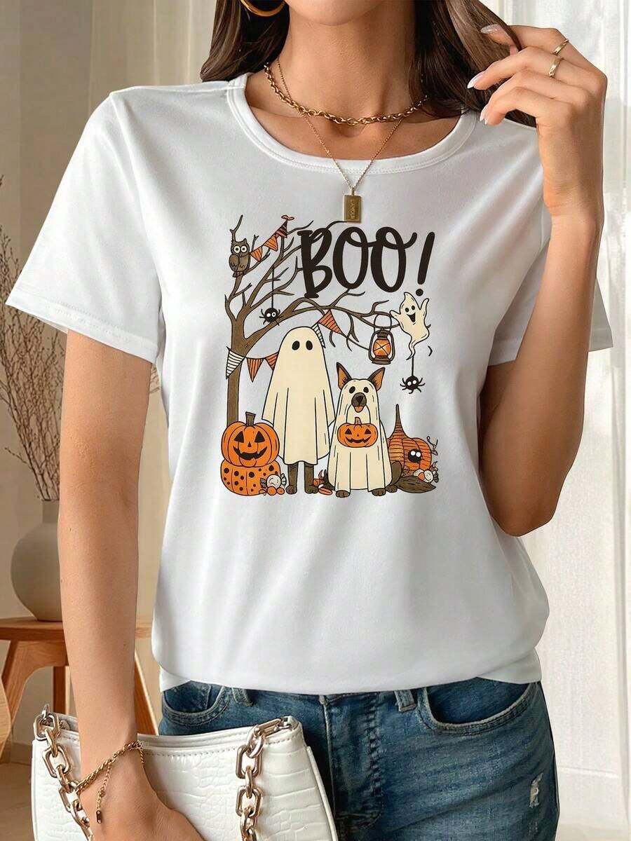 Pure Cotton T-Shirt, Halloween Ghost And Pumpkin Design, Short Sleeve For Young Women, Short Sleeve Sports T-Shirt With Round Neck, Casual Short Sleeve T-Shirt, Summer Clothes For Women, Plain White T-Shirt. - 白色 - 查看 1
