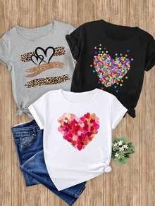 Women's T-Shirts, 1-Piece Set With Heart Print, 1-Piece Elegant, Casual, Sporty, Gift, Soft, Machine Washable, Short-Sleeved Top With Round Neck. - 1件白色隨機圖案 - 查看 1