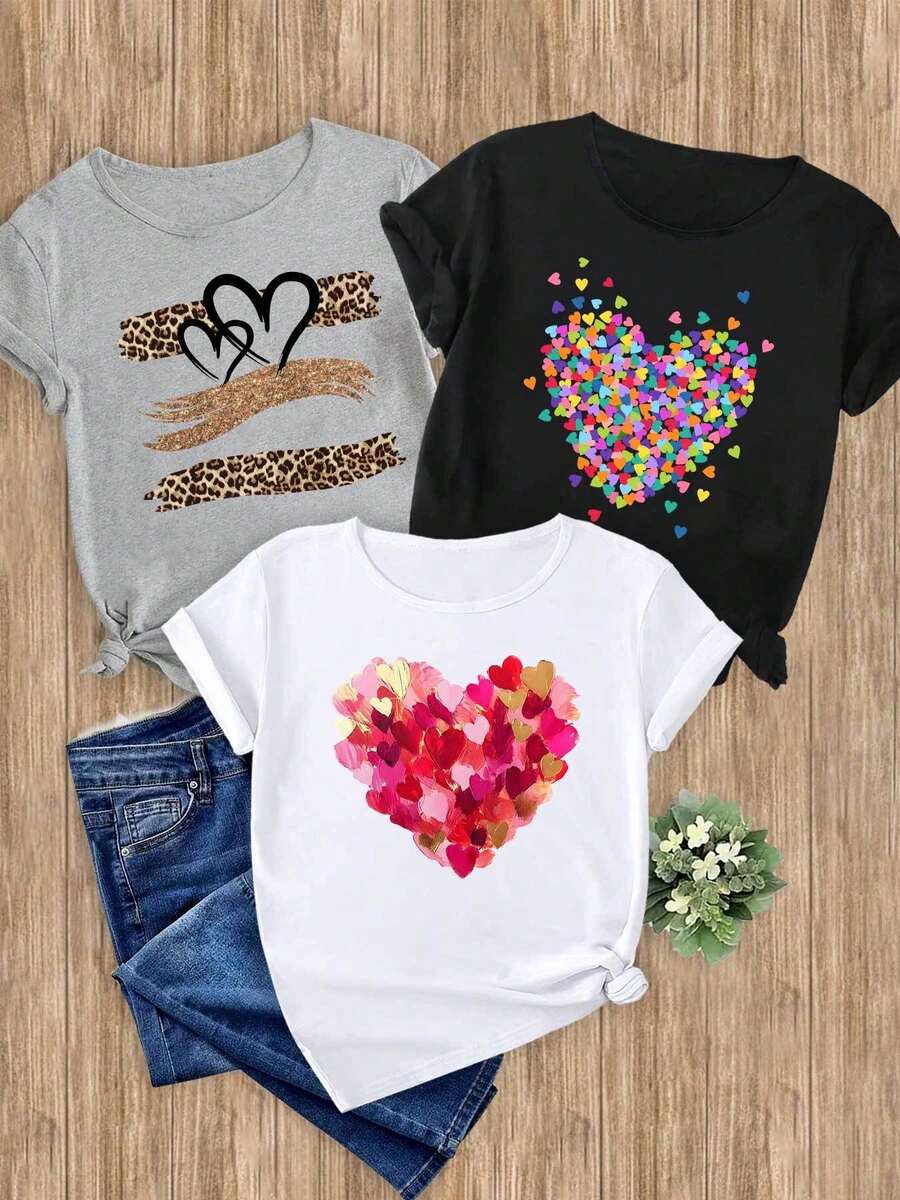 Women's T-Shirts, 1-Piece Set With Heart Print, 1-Piece Elegant, Casual, Sporty, Gift, Soft, Machine Washable, Short-Sleeved Top With Round Neck. - 1件白色隨機圖案 - 查看 1