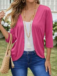 Chaqueta ligera de mujer de unicolor con abertura frontal y manga 3/4 casual - Rosa Fucsia - Ver 1