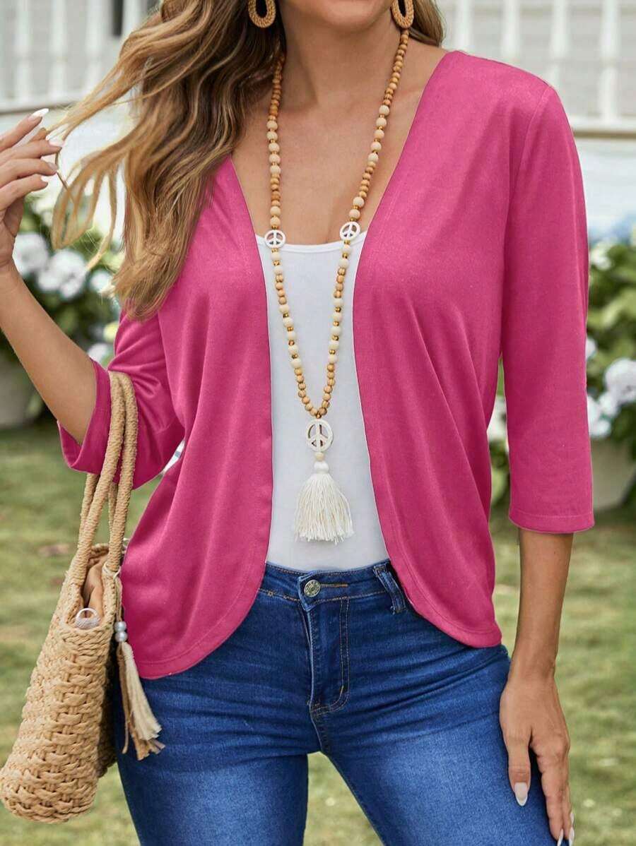 Chaqueta ligera de mujer de unicolor con abertura frontal y manga 3/4 casual - Rosa Fucsia - Ver 1