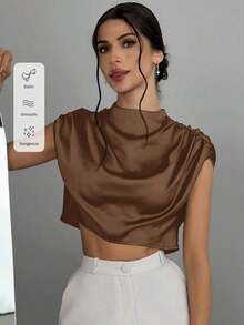 Blusa arrugada de cuello alto para mujeres - Café integral - Ver 6