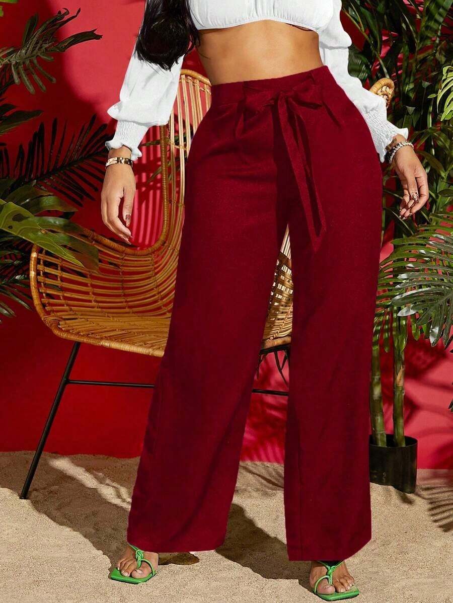 VCAY Pantalones verdes de verano para mujer de pierna ancha con cordón a la cintura - Burdeos - Ver 1