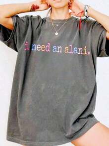 New Fashion Summer Clothes 2026 Tops 2026 Valentine's Day Women's Loose Alani Style T-Shirt - I Need An Alani" Slogan Print, Gray Wash Short Sleeve Top, Casual Summer Shirt Pink/Purple/Blue/Pink Gradient Letters, Loose Round Neck Top Loose And Comfortable Summer Tops White Tops Summer Clothes - 灰色 - 查看 7