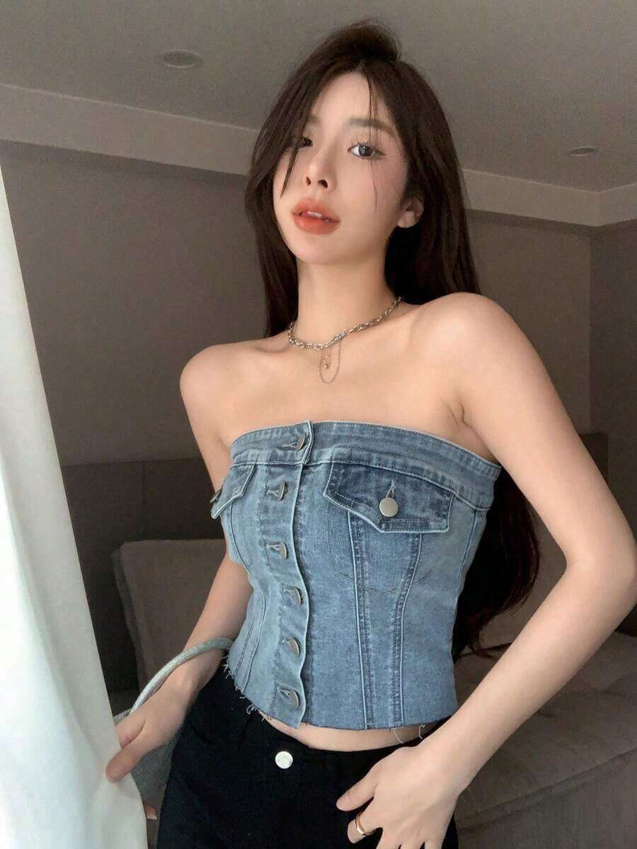 Top tubo de denim con botones frontales sólidos para festivales - Azul lavado medio - Ver 1