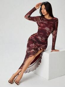 Vestido de fiesta asimétrico con abertura y hoja de loto para mujer - Negro - Ver 4