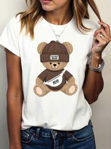 Limited Edition Women's Casual Short Sleeve T-Shirt With Round Neck And Cartoon Bear Print Lightweight Cotton - 白色的 - 查看 1