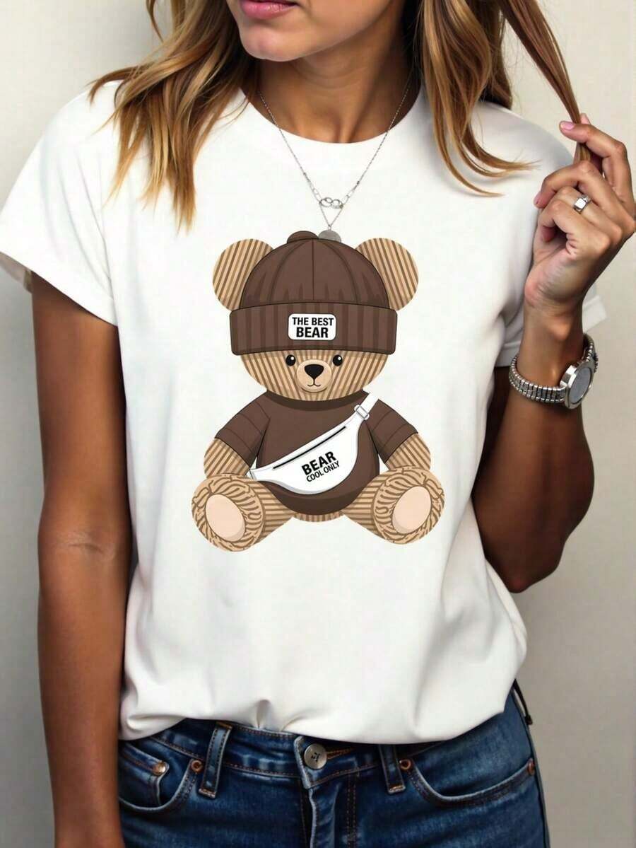 Limited Edition Women's Casual Short Sleeve T-Shirt With Round Neck And Cartoon Bear Print Lightweight Cotton - 白色的 - 查看 1