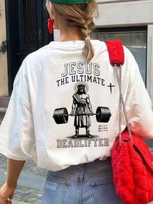 Camiseta gráfica estampada creativa para mujer, estilo vintage religioso, ropa urbana de corte holgado con cuello redondo, top casual retro Y2K cómodo con hombros caídos, perfecta para uso diario, servicio religioso, salidas de fin de semana, vacaciones y reuniones informales, regalo cristiano ideal para creyentes, ropa de moda diaria inspirada en la fe. IMZZ - Blanco - Ver 2