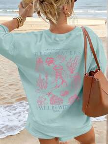 New 2026 Women's Casual Summer Loose Fit T-Shirt, Featuring Sea Creature Prints And Text, Made Of Comfortable And Breathable Fabric, A Relaxed American Retro Style Short Sleeve T-Shirt, Suitable For The Beach, Casual Daily Wear And Lounging At Home On Weekends. - 藍色 - 查看 7