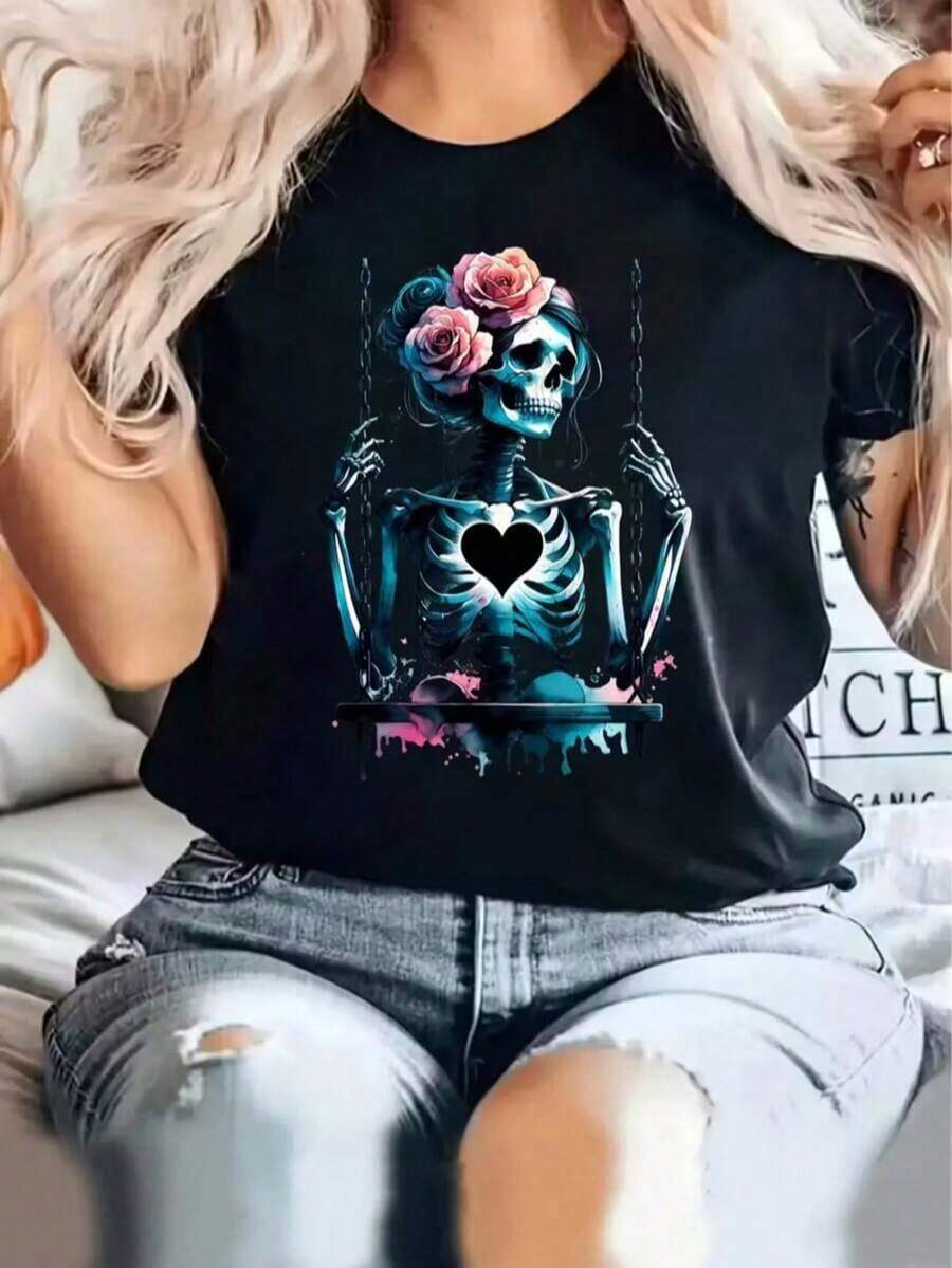 Women's Plus Size Graphic T-Shirt - Stretch Knit Sweater With Crew Neck And Short Sleeves - Casual And Party Wear, Machine Washable, Urban Style, Breathable Material, Modern Blouse For Young Adult Women, Casual Graphic Print Art Loose Fit Crew Neck Short Sleeve Spring Summer Everyday Wear T-Shirt - 黑心骷髏 - 查看 1