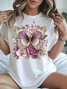 1 Piece Women's T-Shirt With Floral Butterfly Print, Casual Summer Style, Loose Fit, With Pink Roses And Purple Wings Design, Ideal For Nature Lovers, Garden Parties Or Daily Use, 180g 100% Cotton. - 白色 - 查看 7