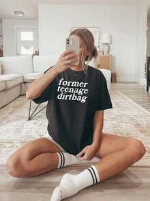 1 Piece Of Black Short-Sleeved T-Shirt In A Fun Retro Style, Featuring A "Former Teenage Dirtbag" Slogan Print, Casual And Soft. - 黑色 - 查看 7