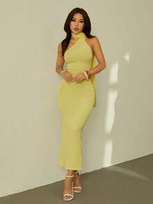 Vestido ajustado de cuello de halter y espalda descubierta - Amarillo - Ver 1