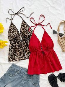 Set de 2 piezas Camiseta de tirantes con estampado de leopardo sexy para vacaciones, Blusa de cuello en V y espalda descubierta de tela texturizada roja para citas, té por la tarde, vacaciones, festivales de música, estilo bohemio - Multicolor - Ver 1