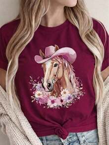 Women's Graphic T-Shirt, Short Sleeve, Round Neck, Basic, Comfortable, Cool, Lightweight, Modern, Youthful Print, Horse, Hat, Cowboy, Cowgirl, Western, Flowers, Floral, Watercolor - 波爾多 - 查看 4