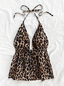 Top sin espalda con estampado de leopardo, cuello de atar y diseño casual para mujer - Marrón - Ver 3