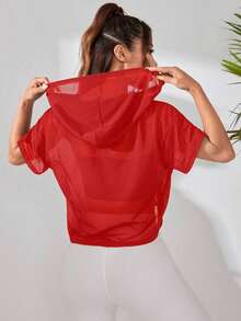 Sudadera deportiva con capucha, holgada, con hombro caído, manga corta y perspectiva suelta de unicolor para mujeres - Rojo - Ver 2