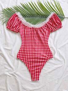 Body de mujer con volantes y lazo delantero, estampado de cuadros y cerezas para vacaciones - Multicolor - Ver 2