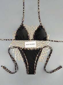 Conjunto de bikini sexy de cuello halter y lazo para mujer en bloque de color para vacaciones, playa de verano - Multicolor 7 - Ver 4