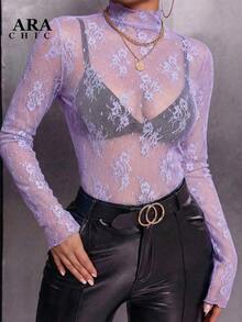 Blusa negra sexy de manga larga con encaje elástico para mujer , con cuello alto, patrón floral transparente, elegante y con capas, ideal para primavera-verano, resort y citas - Púrpura malva - Ver 2