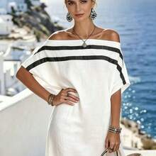 Casual Vacation Off-Shoulder Striped Loose Dress - Blanco - Ver 7